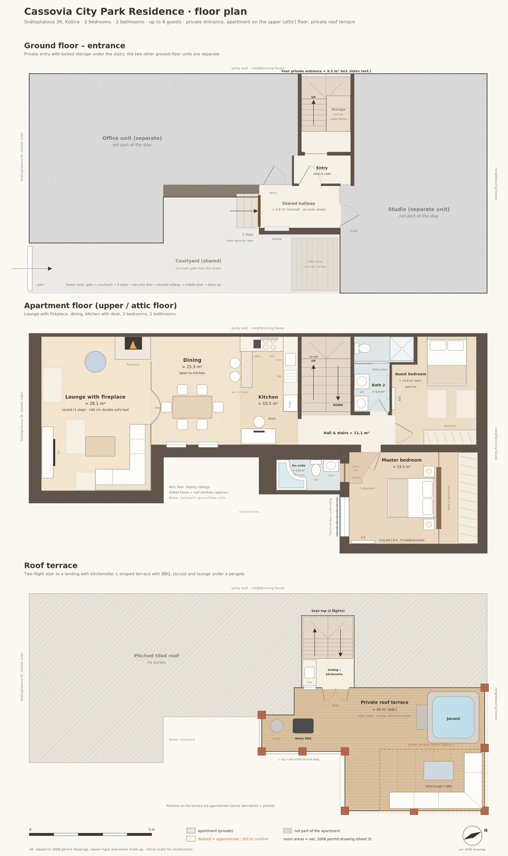 A Cassovia City Park Residence alaprajza: bejárat, apartmanszint és tetőterasz
