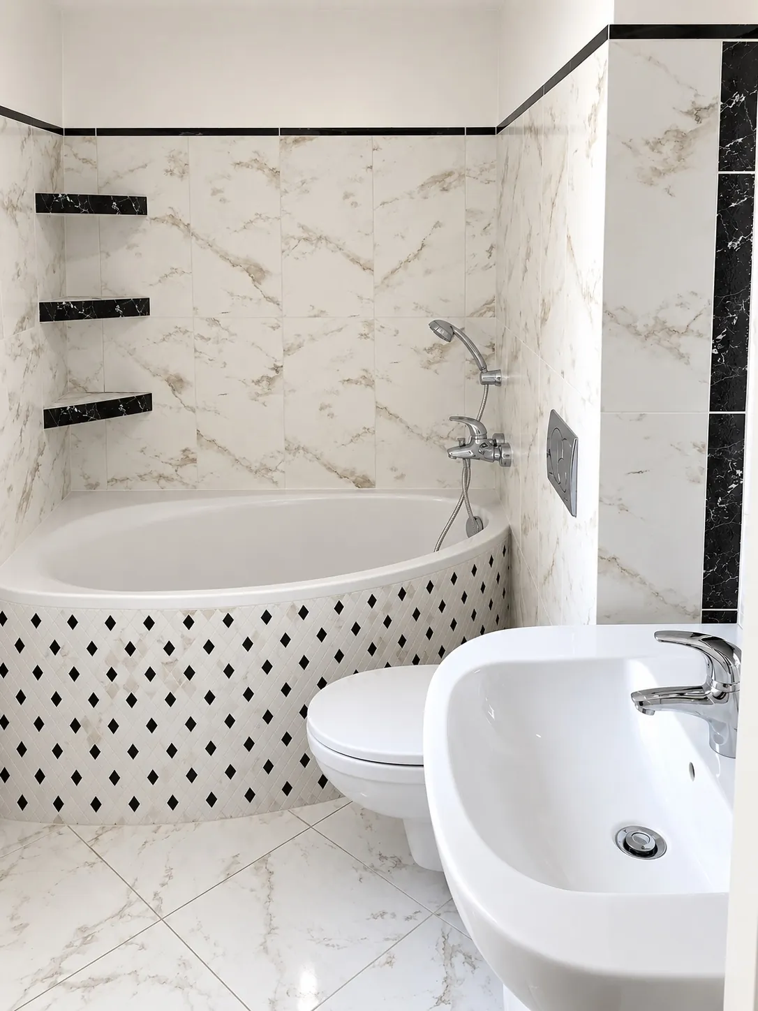 En-suite bathroom with corner bathtub, toilet and basin