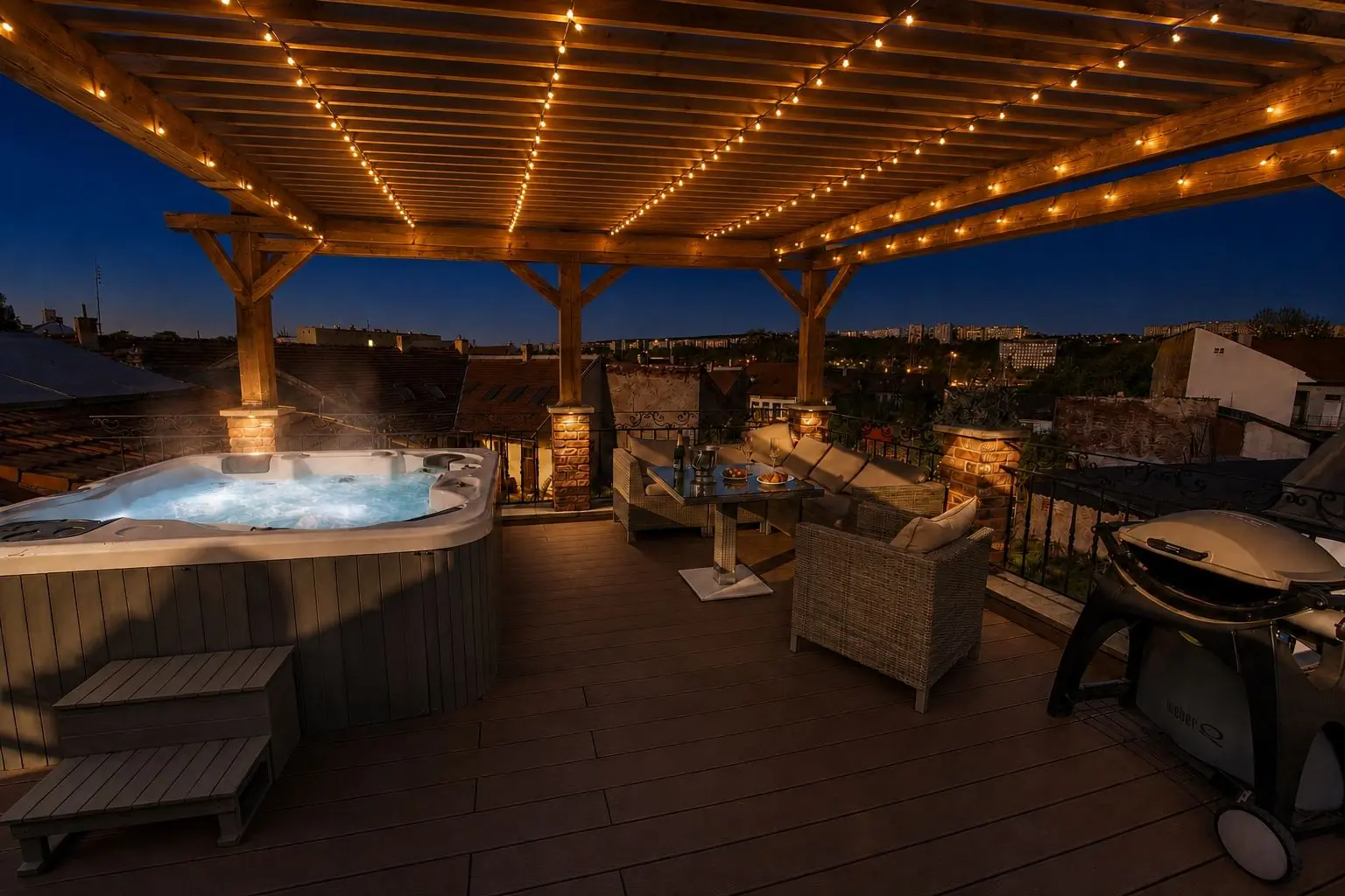 Tetőteraszos jacuzzi esti fényben Kassán